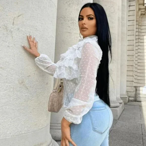 White Polka Dot Long Sleeve High Neck Ruffle Blouse Top - Picture 11 of 15